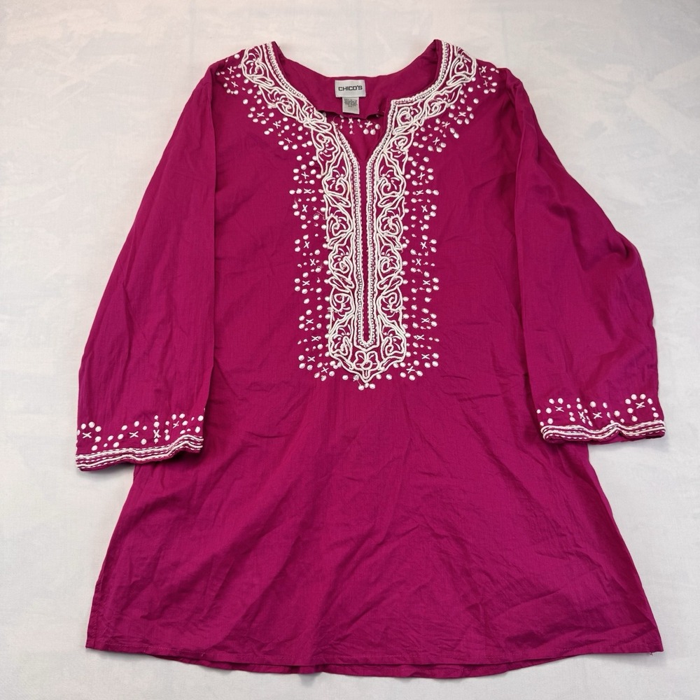 Chico's Womens Size 1 M Pink Cotton Embroidered Boho Tunic Blouse Top